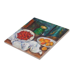 Azulejo De Cerâmica Vida de Paul Cezanne ainda com cerejas e pêssegos