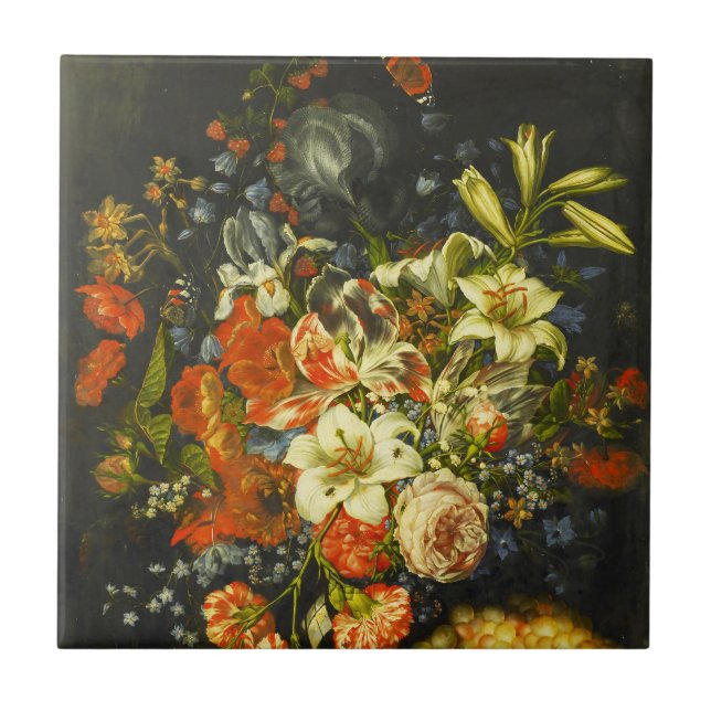 Azulejo De Cerâmica Vida Estática com Flores e Frutas (Frente)