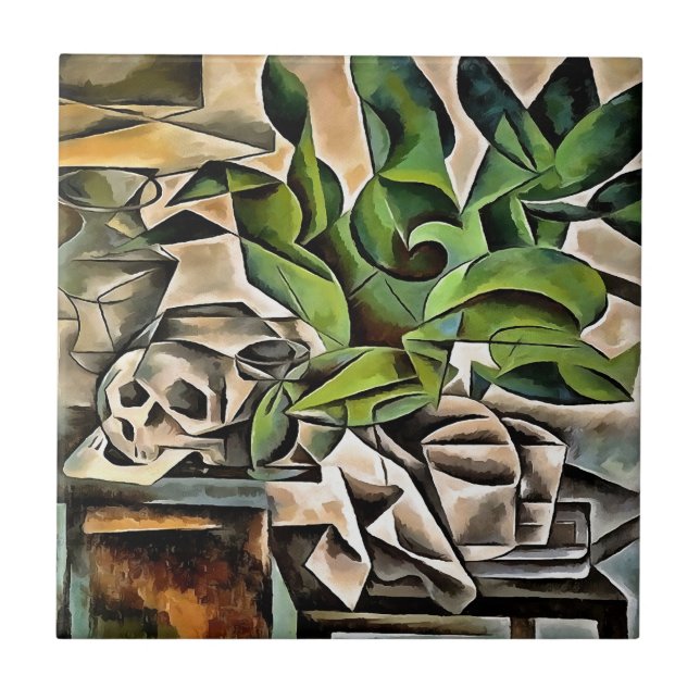 Azulejo De Cerâmica Vida ininterrupta com o Cranium Geométrico Vanitas (Frente)