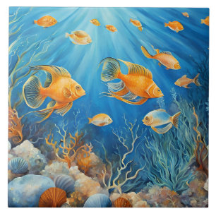 Azulejo De Cerâmica Vida Marinha com Peixes Exóticos