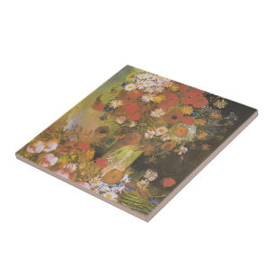 Azulejo De Cerâmica Vida Morta Floral de Van Gogh Papoulas Vermelhas &