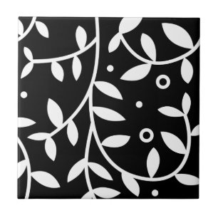 Azulejo De Cerâmica Videiras florais pretas & brancas contemporâneas