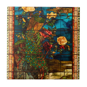 Azulejo De Cerâmica Vidro Colorido Antigo com Pavões e Flores