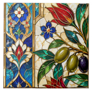 Azulejo De Cerâmica Vidro Colorido do Ramo de Oliveira de Damasco e Ot
