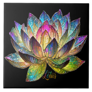 Azulejo De Cerâmica Vidro Colorido Flor de Lótus em Preto