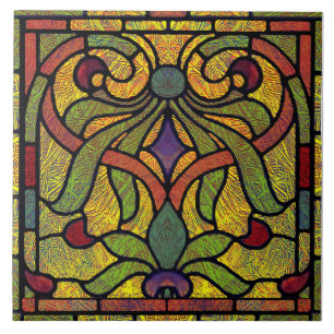 Azulejo De Cerâmica Vidro Colorido Vitoriano em Verde e Dourado