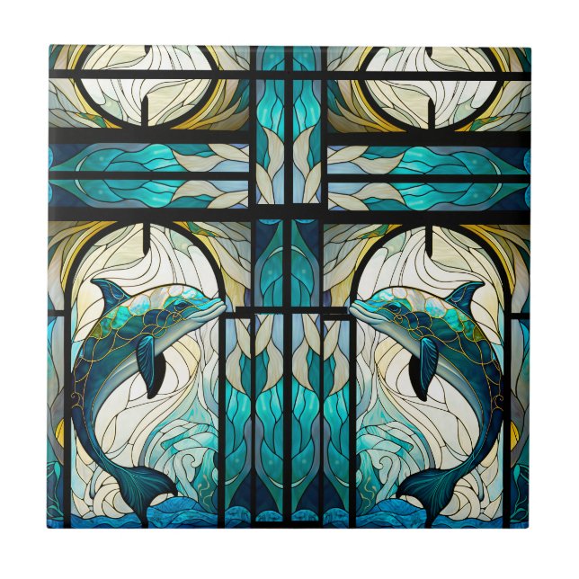 Azulejo De Cerâmica Vidro Mesqui Másico Azul-Teal Golfinho Branco Faux (Frente)