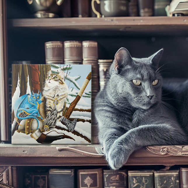 Azulejo De Cerâmica Viking Cat Blue Dragon (Criador carregado)