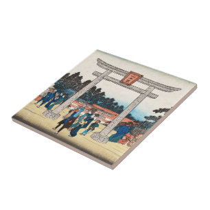 Azulejo De Cerâmica Vila japonesa legal da porta dos tori do ukiyo-e