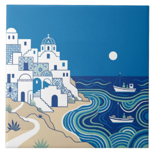 Azulejo De Cerâmica Vila Mediterrânea Azul e Branco e Paisagem Marítim