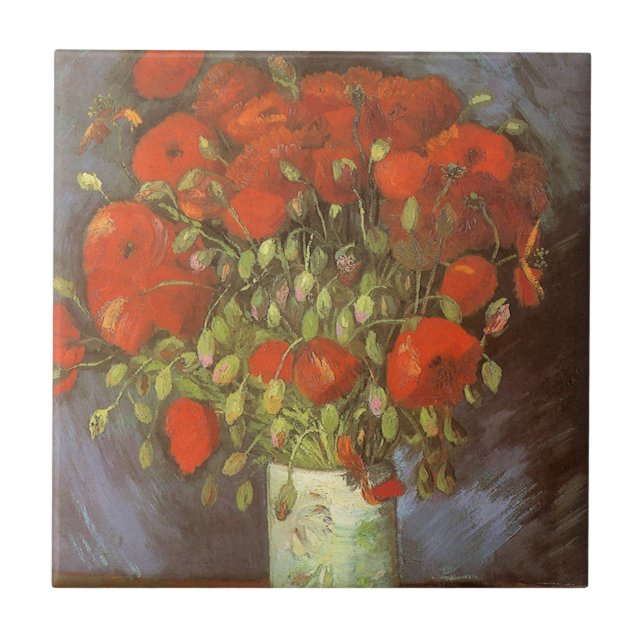 Azulejo De Cerâmica Vincent van Gogh Ainda Vase Vida com Poppies Verme (Frente)