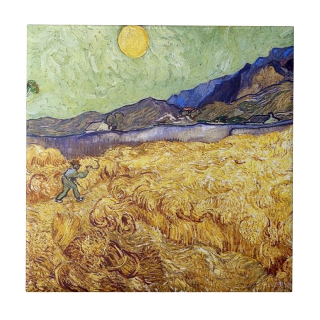 Azulejo De Cerâmica Vincent Van Gogh - Campo De Trigo Com Caça E Sol (Frente)
