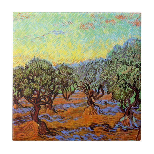 Azulejo De Cerâmica Vincent Van Gogh - Oliveira com Céu Laranja (Frente)