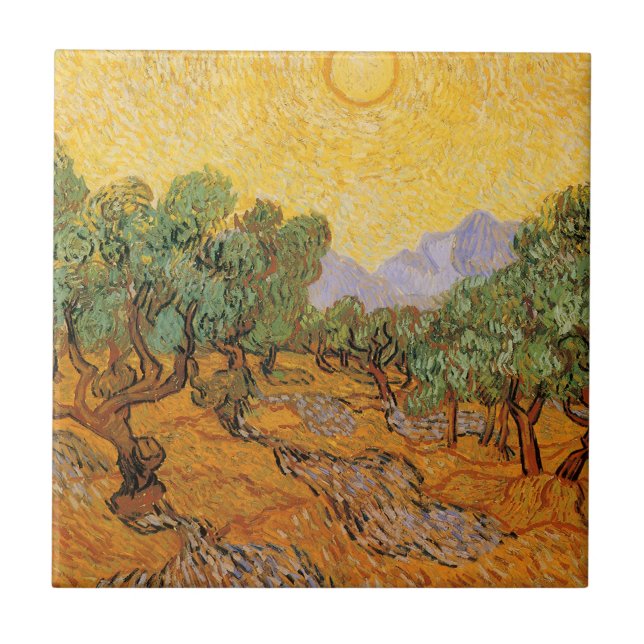 Azulejo De Cerâmica Vincent van Gogh - Oliveiras, céu amarelo e sol (Frente)