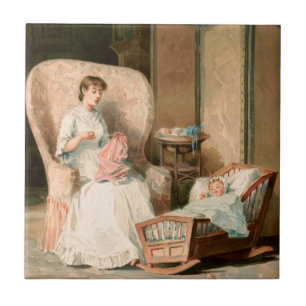 Azulejo De Cerâmica Vintage 1888 Mãe e Bebê Dormindo, Restaurado