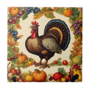 Azulejo De Cerâmica Vintage Ação de Graças Turquia e Colheita de Fruta