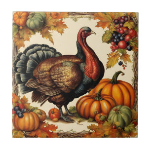 Azulejo De Cerâmica Vintage Ação de Graças Turquia, Fruta e Pumpkins