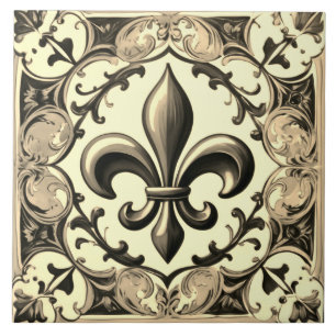 Azulejo De Cerâmica Vintage Antique Cinzas e Beige Fleur de Lis