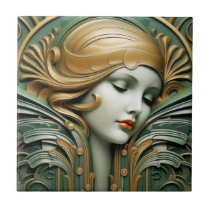 Azulejo De Cerâmica Vintage Art Deco Art Nouveau Verde Dourado