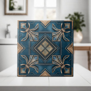 Azulejo De Cerâmica Vintage Art Deco Fleur-de-lis - Azul e Dourado
