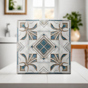 Azulejo De Cerâmica Vintage Art Deco Fleur-de-lis - Pearl Blue Dourado