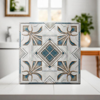 Azulejo De Cerâmica Vintage Art Deco Fleur-de-lis - Pearl Blue Dourado