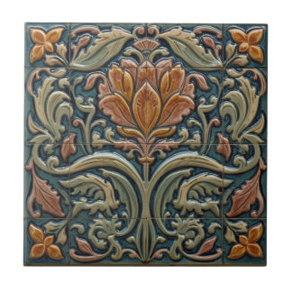 Azulejo De Cerâmica Vintage Art Nouveau blue Majolica Floral Craftsman