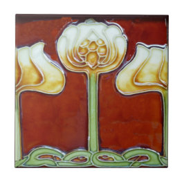 Azulejo De Cerâmica Vintage Art Nouveau Lotus Flores no Frieze Vermelh