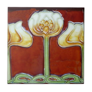 Azulejo De Cerâmica Vintage Art Nouveau Lotus Flores no Frieze Vermelh