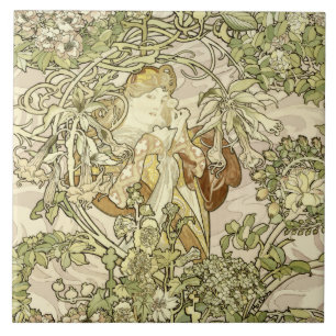 Azulejo De Cerâmica Vintage Art Nouveau Mulher: Padrão Floral de Much