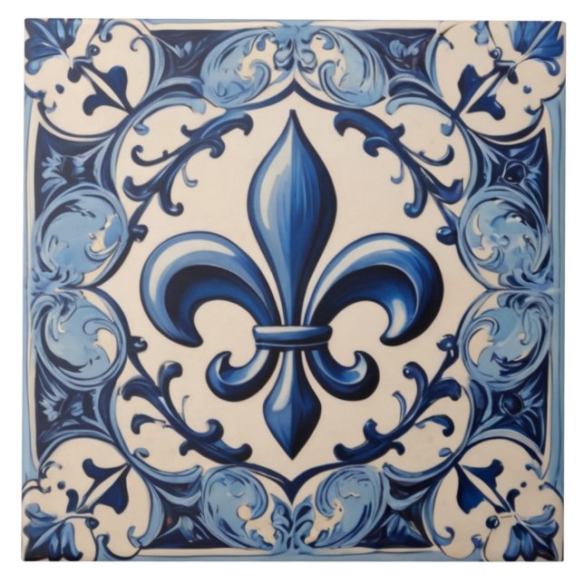 Azulejo De Cerâmica Vintage Azul Fleur de Lis (Frente)