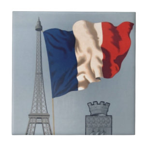 Azulejo De Cerâmica Vintage Bandeira Nacional Francesa e Torre Eiffel