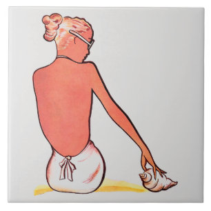 Azulejo De Cerâmica Vintage Beach Girl com elegância de verão de conch