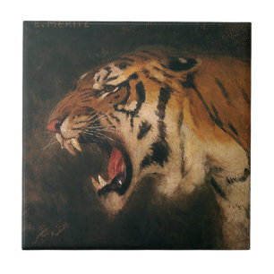 Azulejo De Cerâmica Vintage Bengal Tiger Big Cat Roaring, Animais Selv