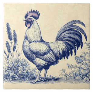 Azulejo De Cerâmica Vintage Blue Rooster em um Jardim Floral