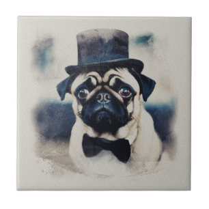 Azulejo De Cerâmica Vintage BLue Tux Pug Retrato