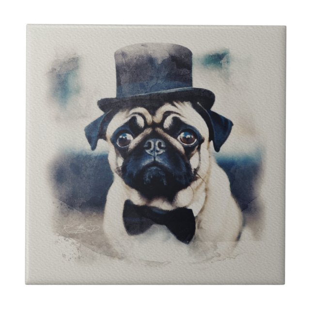 Azulejo De Cerâmica Vintage BLue Tux Pug Retrato (Frente)