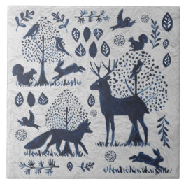 Azulejo De Cerâmica Vintage Blue & White Woodland Animal Fox Rabbit