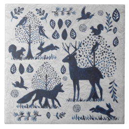 Azulejo De Cerâmica Vintage Blue & White Woodland Animal Fox Rabbit Ce