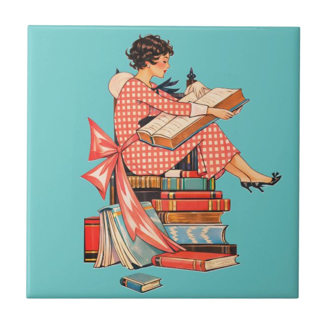 Azulejo De Cerâmica Vintage Book Lover Reading Illustration (Frente)