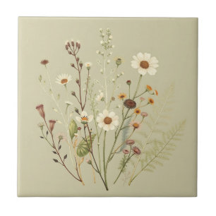 Azulejo De Cerâmica Vintage Botânica de Flores Selvagens e Ferns