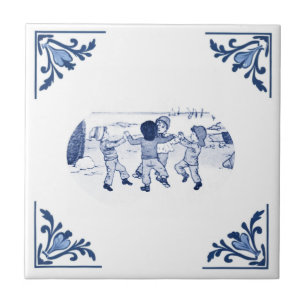 Azulejo De Cerâmica Vintage Boys Dançando Mar Delft Azul e Branco