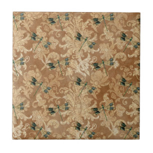 Azulejo De Cerâmica Vintage Brown Damask Floral Green Dragonlies