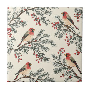 Azulejo De Cerâmica Vintage Cardinal Vermelho Pine Berry Creme Natal