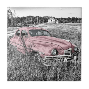 Azulejo De Cerâmica Vintage - Carro Rosa Clássico