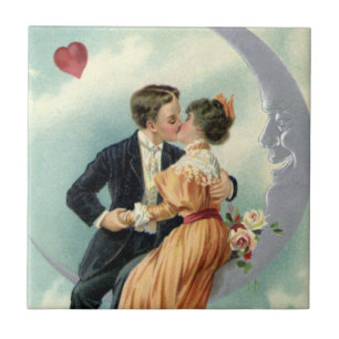 Azulejo De Cerâmica Vintage, Casal vitoriano, beija-flor numa lua cres