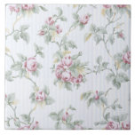 Azulejo De Cerâmica Vintage Chic French Rosas and Stripes<br><div class="desc">Um modelo de colheita elegante e elegante,  ao estilo francês,  com roseiras cor-de-rosa pastel,  com folhagem verde e dourada e videiras interligadas com um fundo azul claro e antigo,  listrado branco.</div>