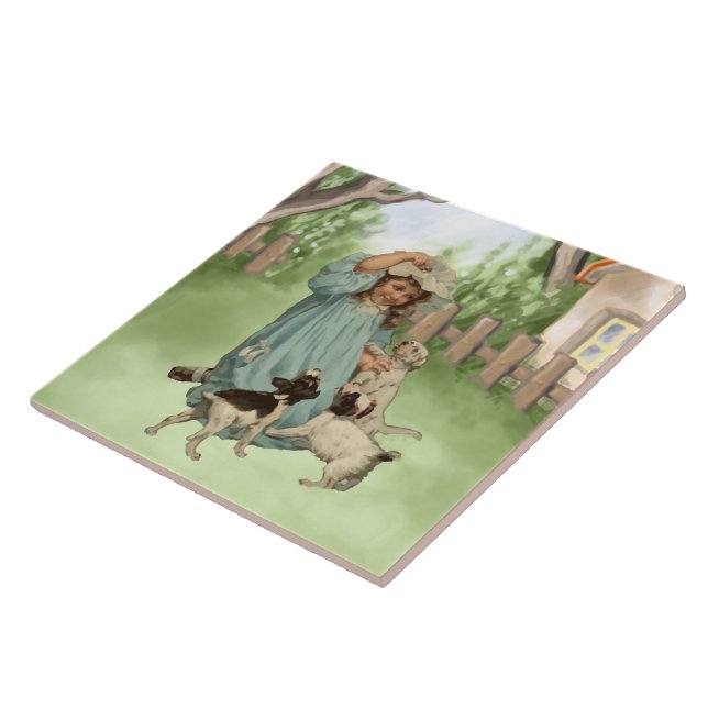 Azulejo De Cerâmica Vintage Child com Cães Terrier (Lateral)