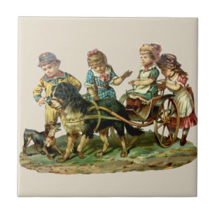 Azulejo De Cerâmica Vintage Children and Dog Wagon