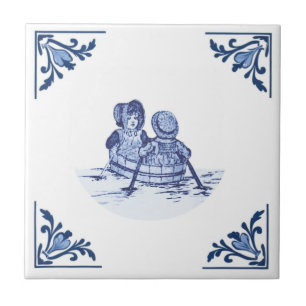 Azulejo De Cerâmica Vintage Children in Row Boat Delft Blue & White